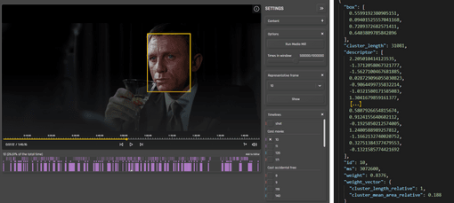A representative frame for the main character of a James Bond movie (on the left) and a snippet of a JSON file with metadata about the character (on the right)